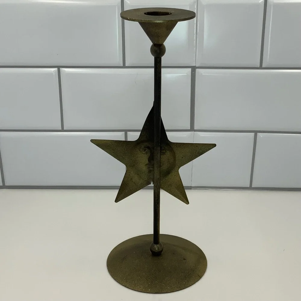 Vintage 1990s Whimsigoth Metal Celestial Star Candle Holder Distressed